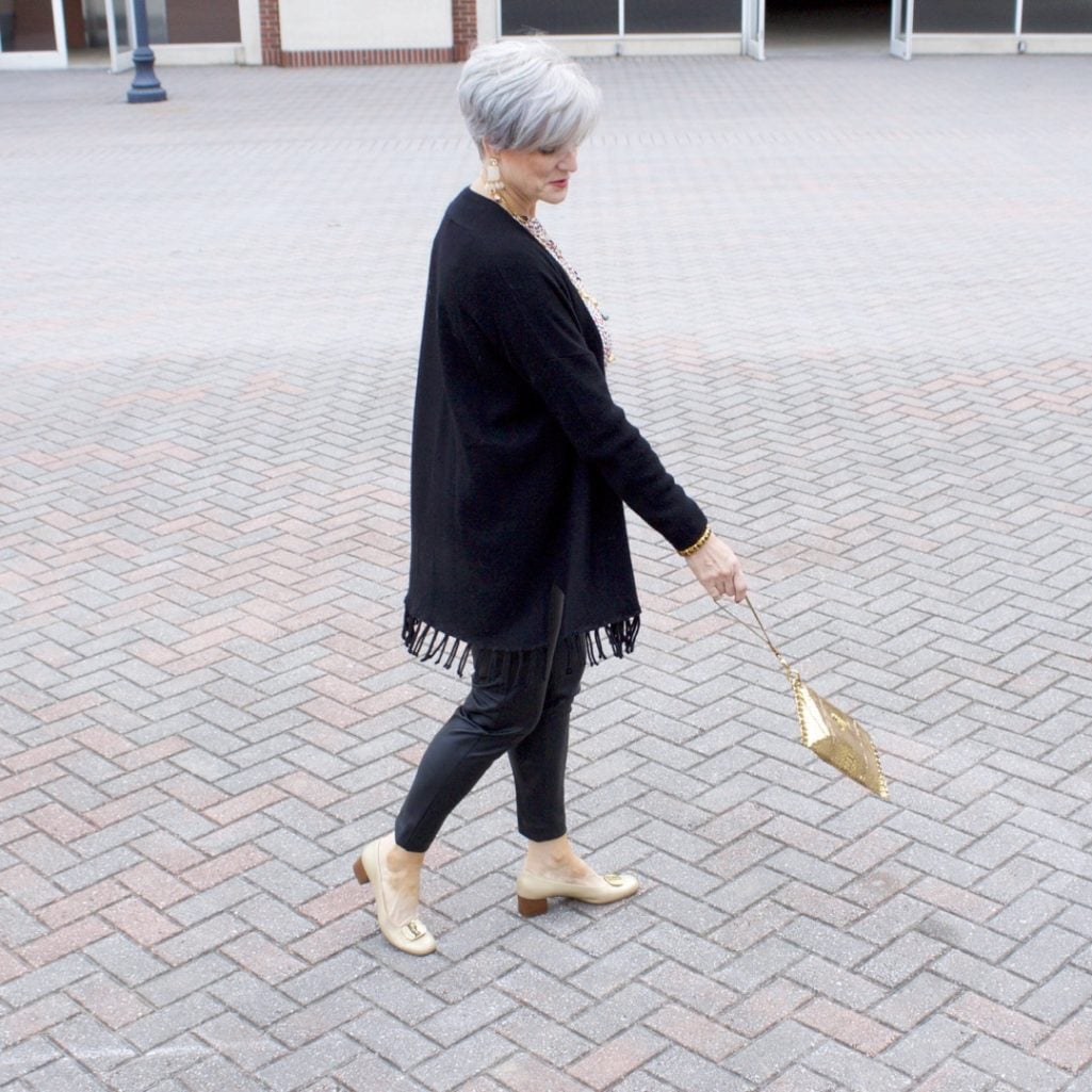 faux leather leggings, silk blouse and fring cardigan by style at a certain age