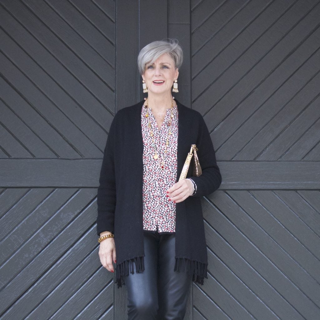 faux leather leggings, silk blouse and fring cardigan by style at a certain age