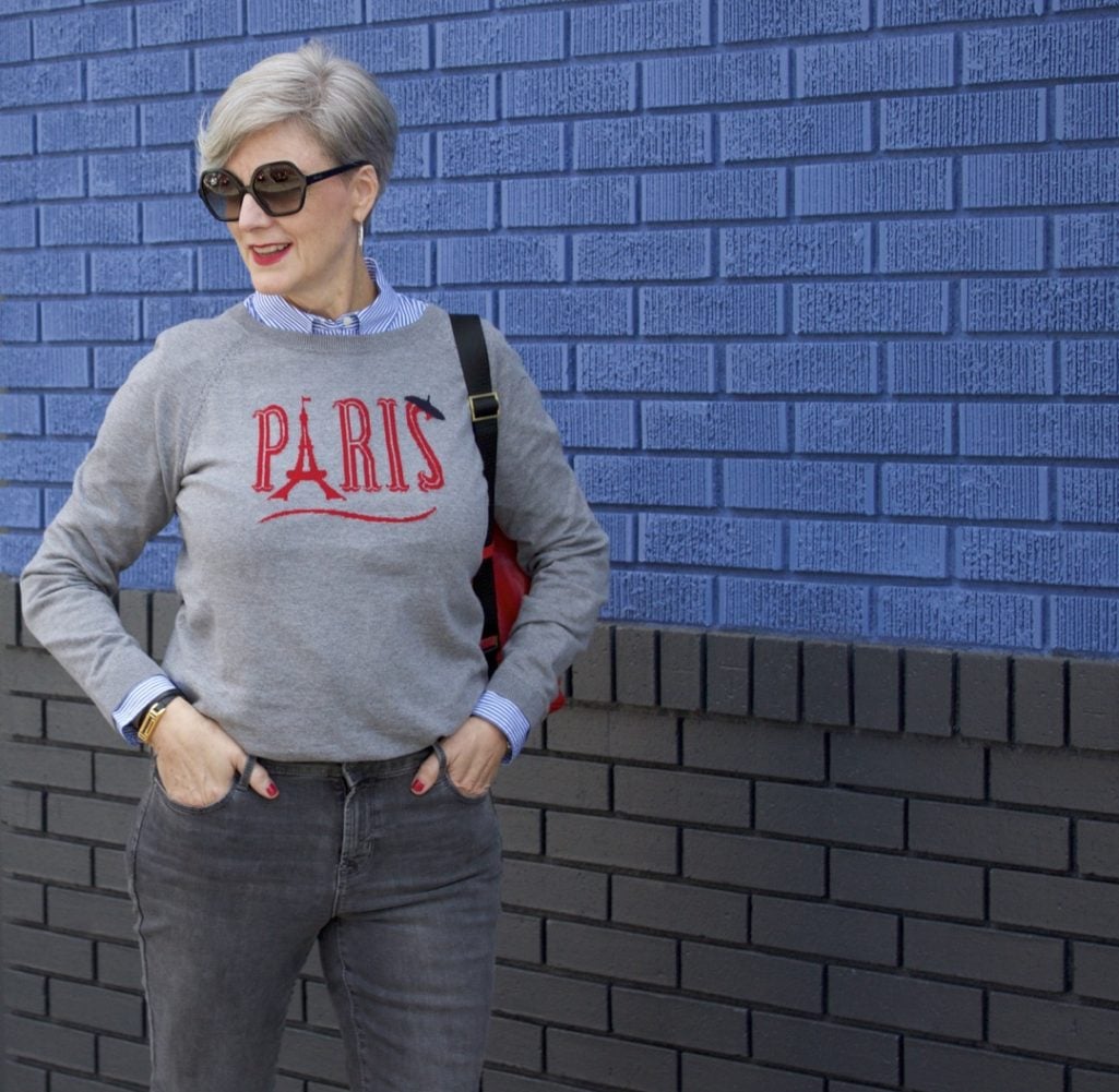 how to wear gray skinny jeans by old navy and a grey sweater from Talbots Parisian collection