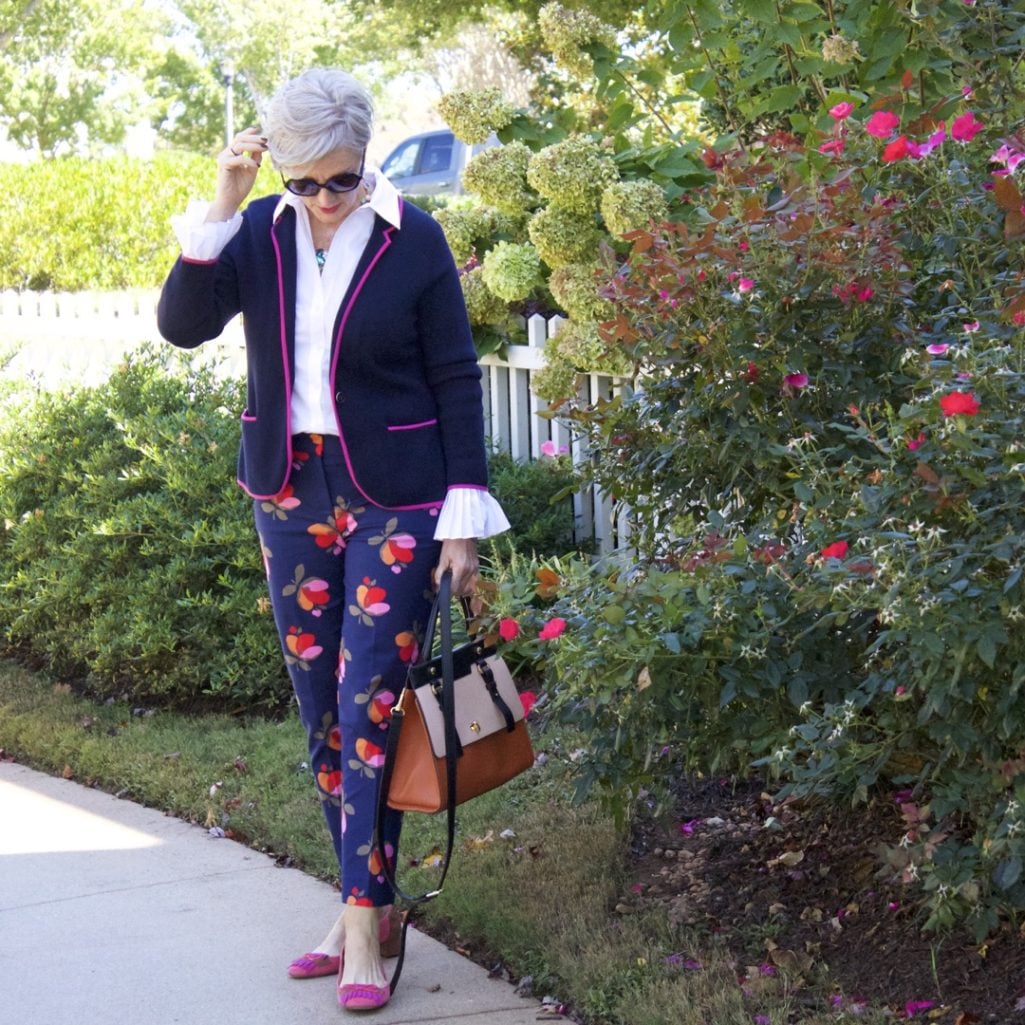 boden floral pants with sweater blazer