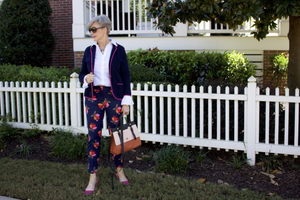 boden floral pants with sweater blazer