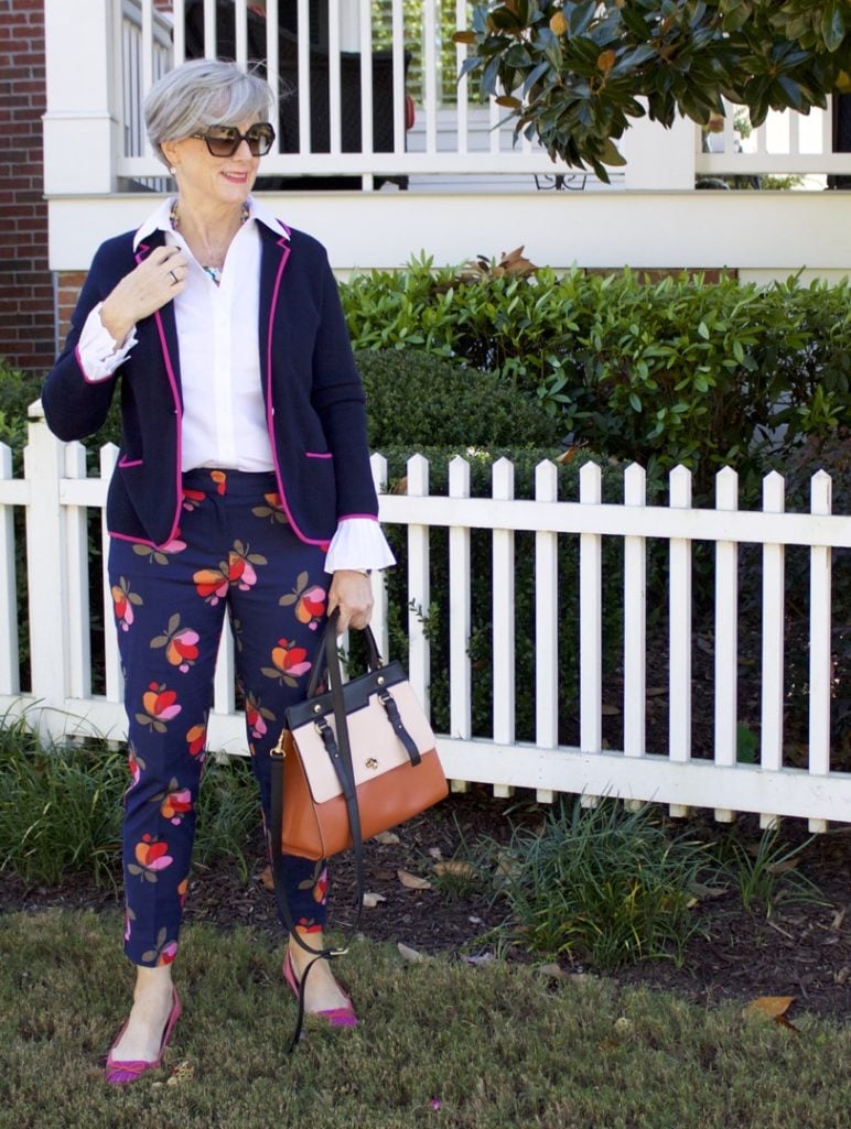 boden floral pants with sweater blazer