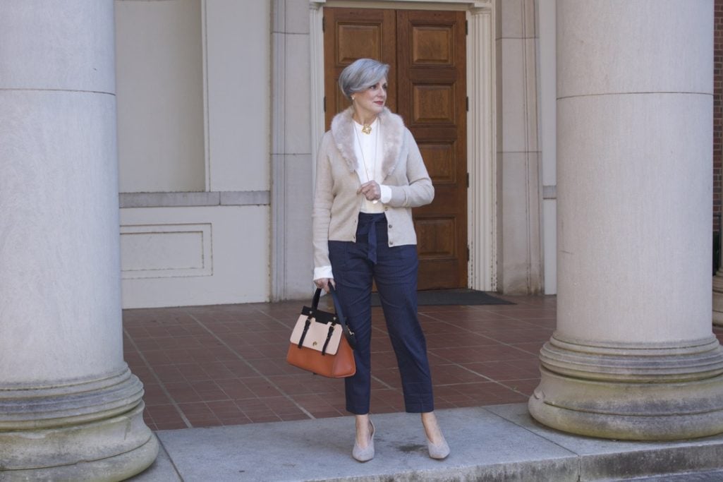alexander wang shirt, classique pinstripe pants, banana republic faux fur cardigan, vince camuto suede pumps, chanel brooch