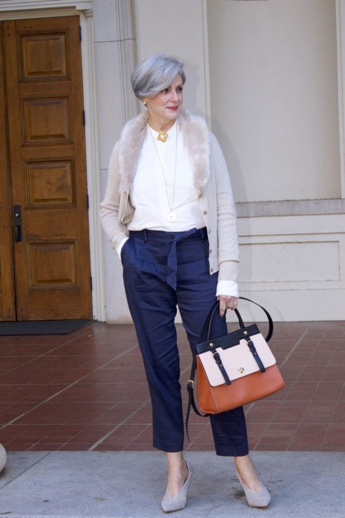 alexander wang shirt, classique pinstripe pants, banana republic faux fur cardigan, vince camuto suede pumps, chanel brooch