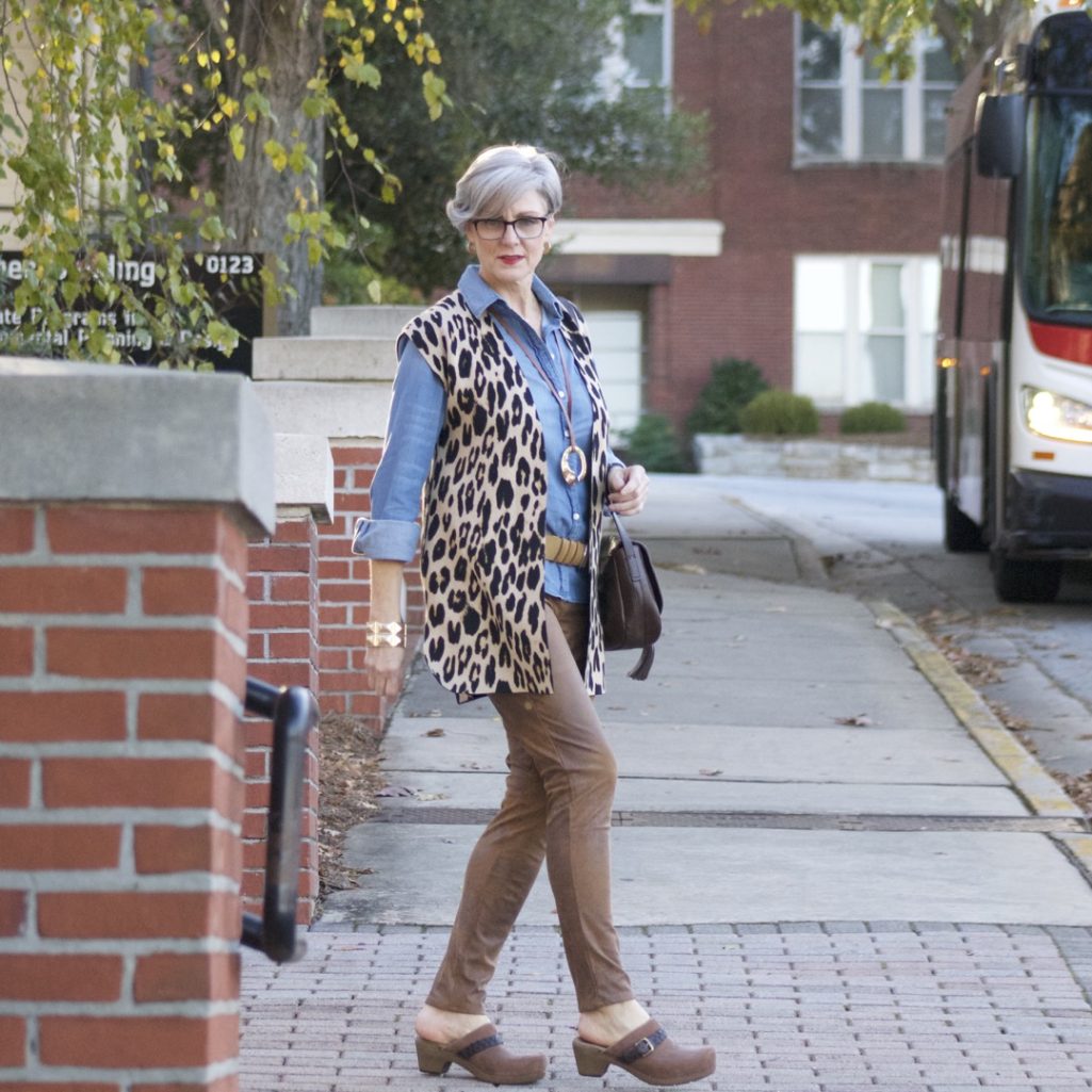 chico's leopard vest, faux leather leggings, denim shirt