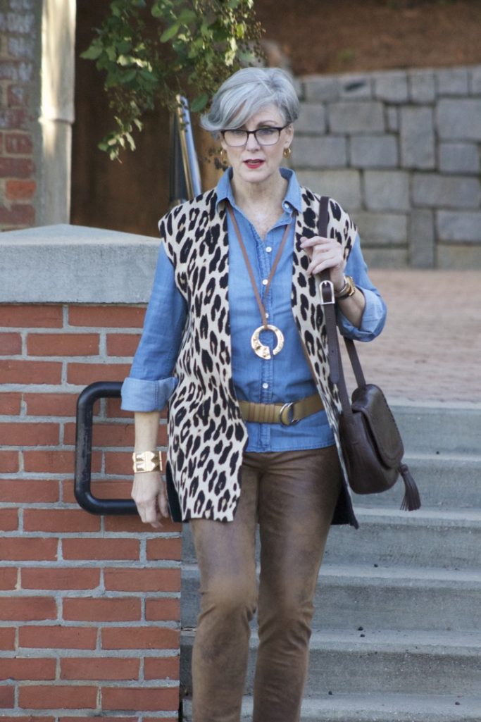 chico's leopard vest, faux leather leggings, denim shirt