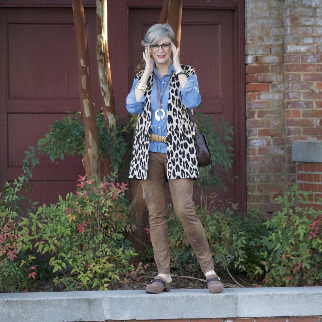 chico's leopard vest, faux leather leggings, denim shirt