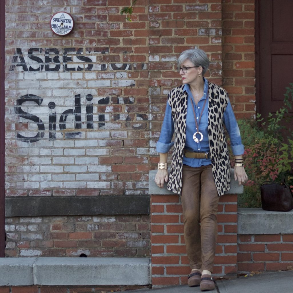 chico's leopard vest, faux leather leggings, denim shirt