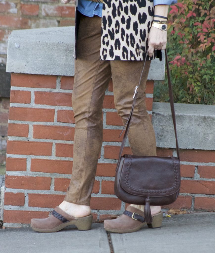 chico's leopard vest, faux leather leggings, denim shirt