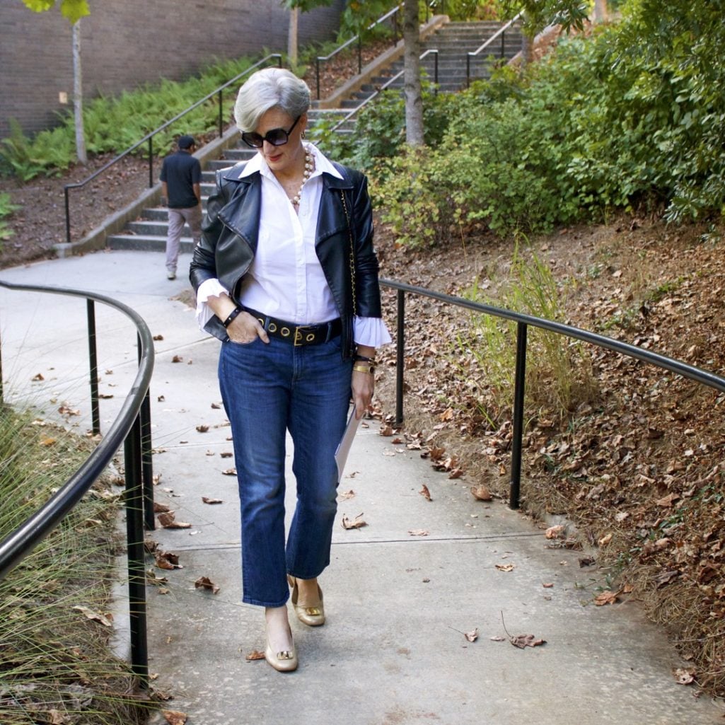 how to wear a moto jacket and blue jeans
