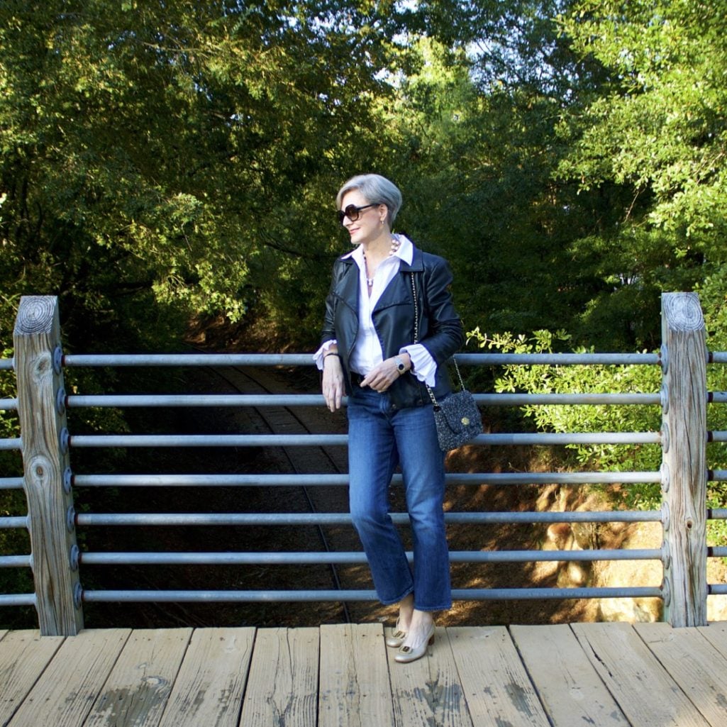 how to wear a moto jacket and blue jeans