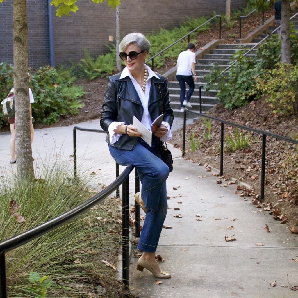how to wear a moto jacket and blue jeans