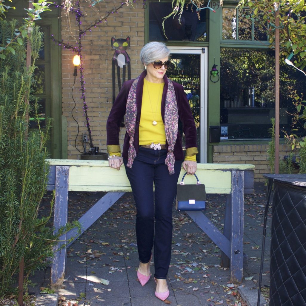 jcrew velvet blazer, ann taylor modern skinny denim, j.crew italian cashmere, pink suede pumps