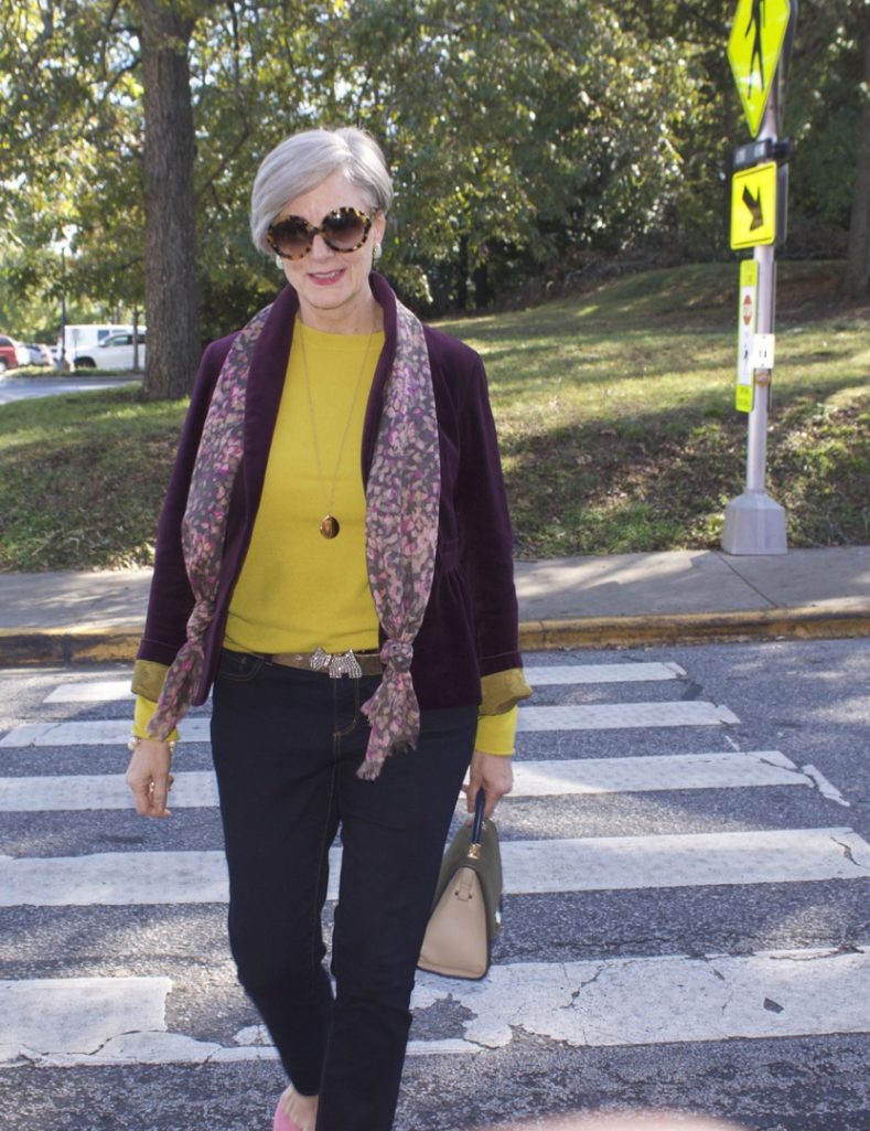 jcrew velvet blazer, ann taylor modern skinny denim, j.crew italian cashmere, pink suede pumps