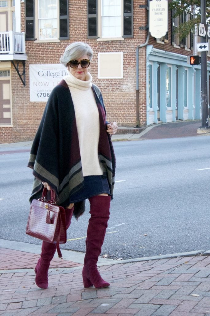 suede over the knee boots, denim skirt, chunky sweater