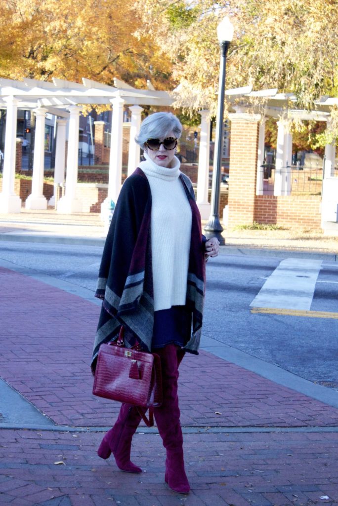 suede over the knee boots, denim skirt, chunky sweater
