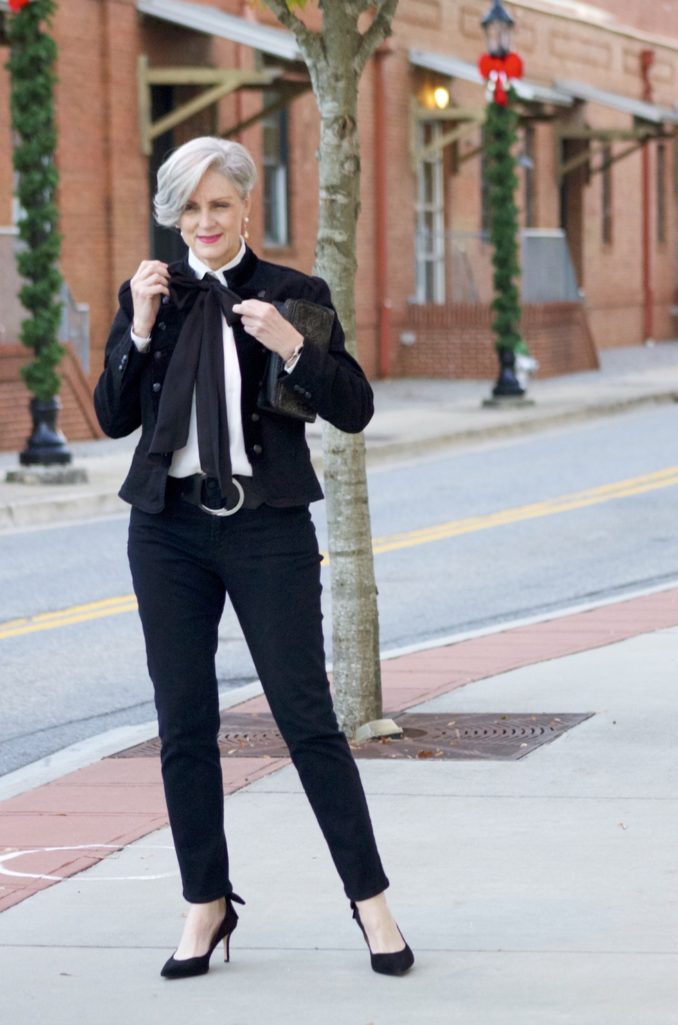ralph lauren velvet military blazer, ralph lauren bow tie blouse, nydj, talbots suede pumps