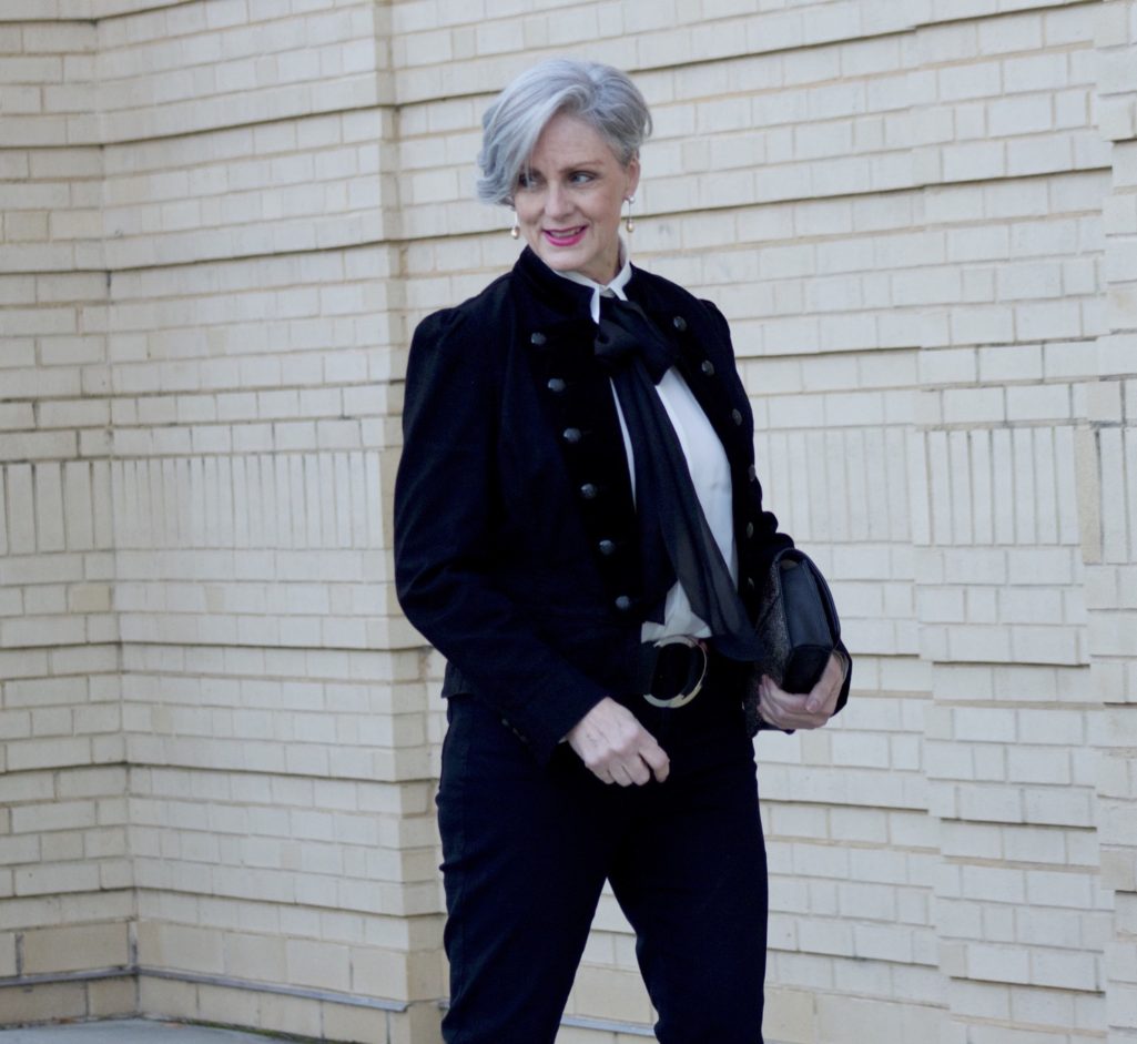 ralph lauren velvet military blazer, ralph lauren bow tie blouse, nydj, talbots suede pumps