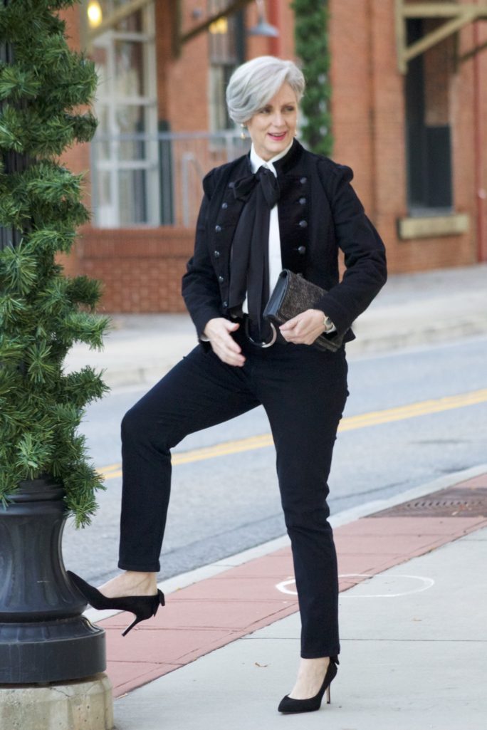 ralph lauren velvet military blazer, ralph lauren bow tie blouse, nydj, talbots suede pumps