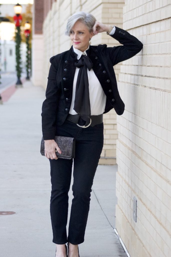 ralph lauren velvet military blazer, ralph lauren bow tie blouse, nydj, talbots suede pumps