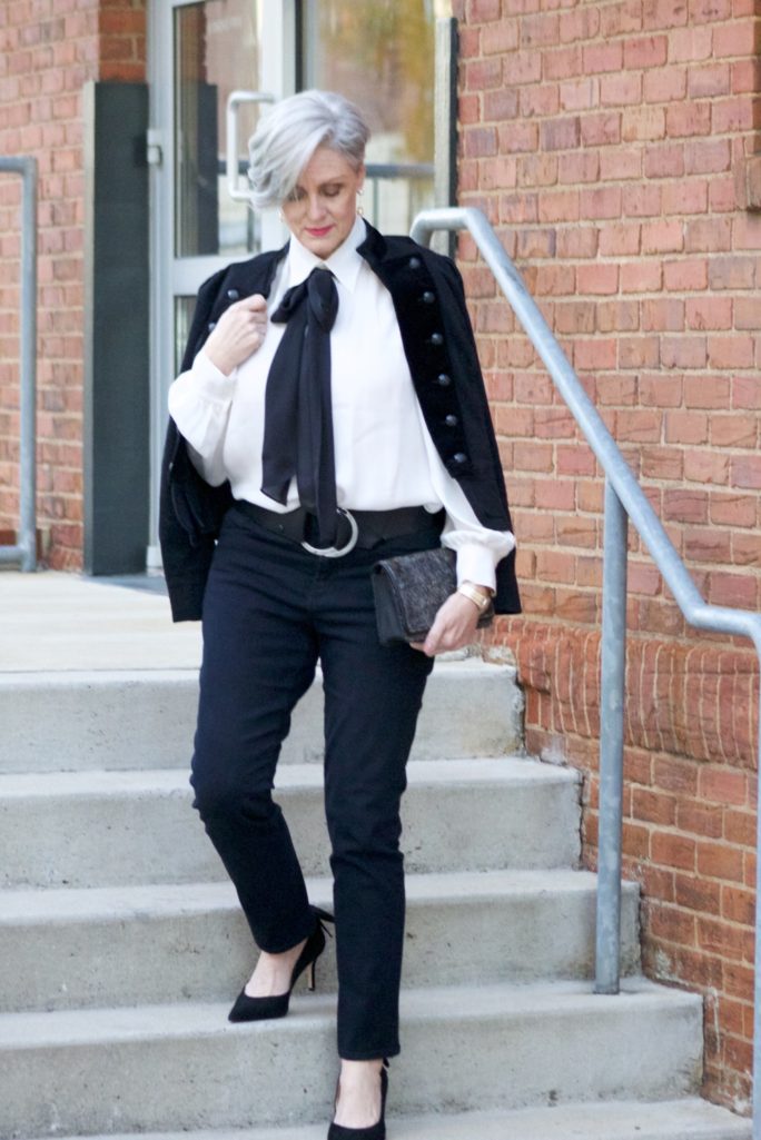 ralph lauren velvet military blazer, ralph lauren bow tie blouse, nydj, talbots suede pumps