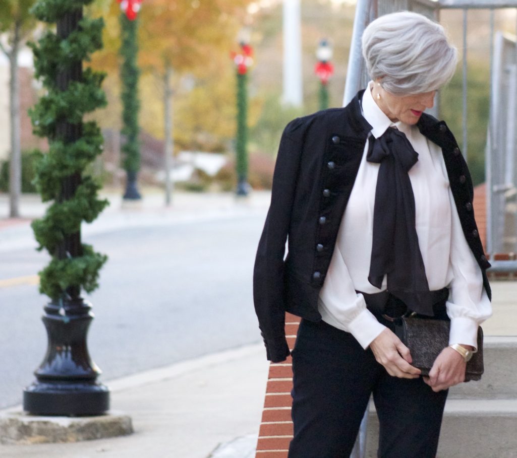 ralph lauren velvet military blazer, ralph lauren bow tie blouse, nydj, talbots suede pumps