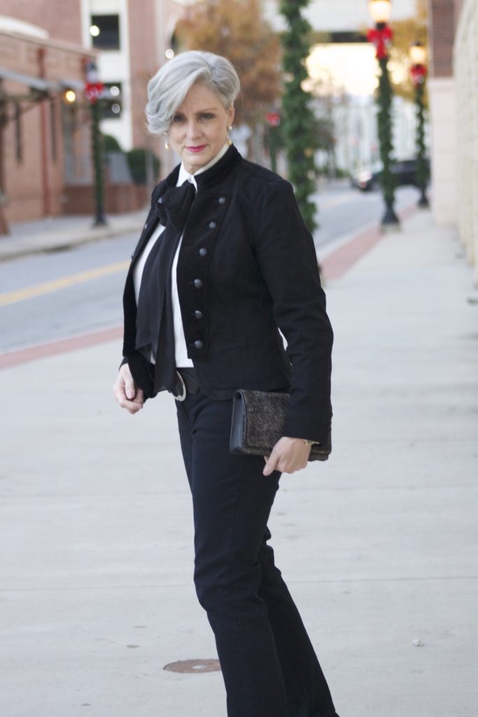 ralph lauren velvet military blazer, ralph lauren bow tie blouse, nydj, talbots suede pumps