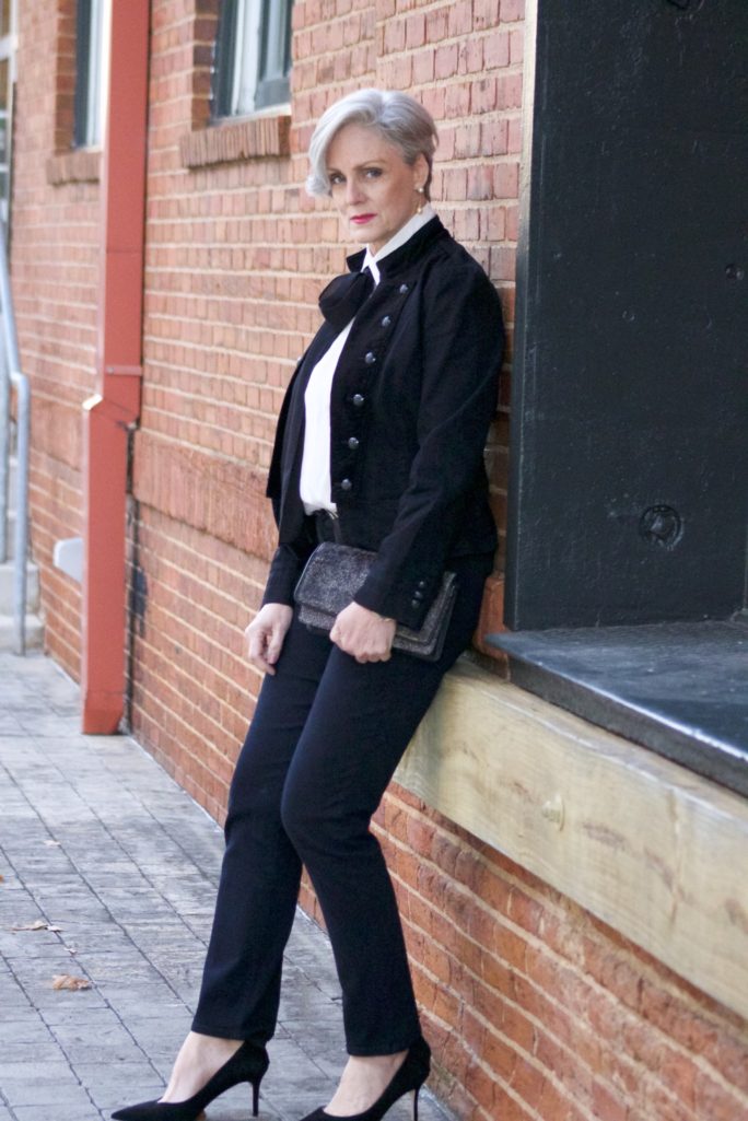 ralph lauren velvet military blazer, ralph lauren bow tie blouse, nydj, talbots suede pumps