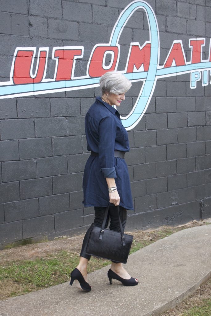 denim shirtdress and leather leggings