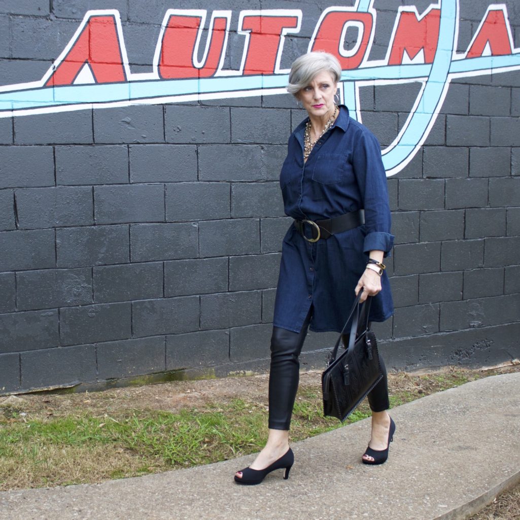 denim shirtdress and leather leggings