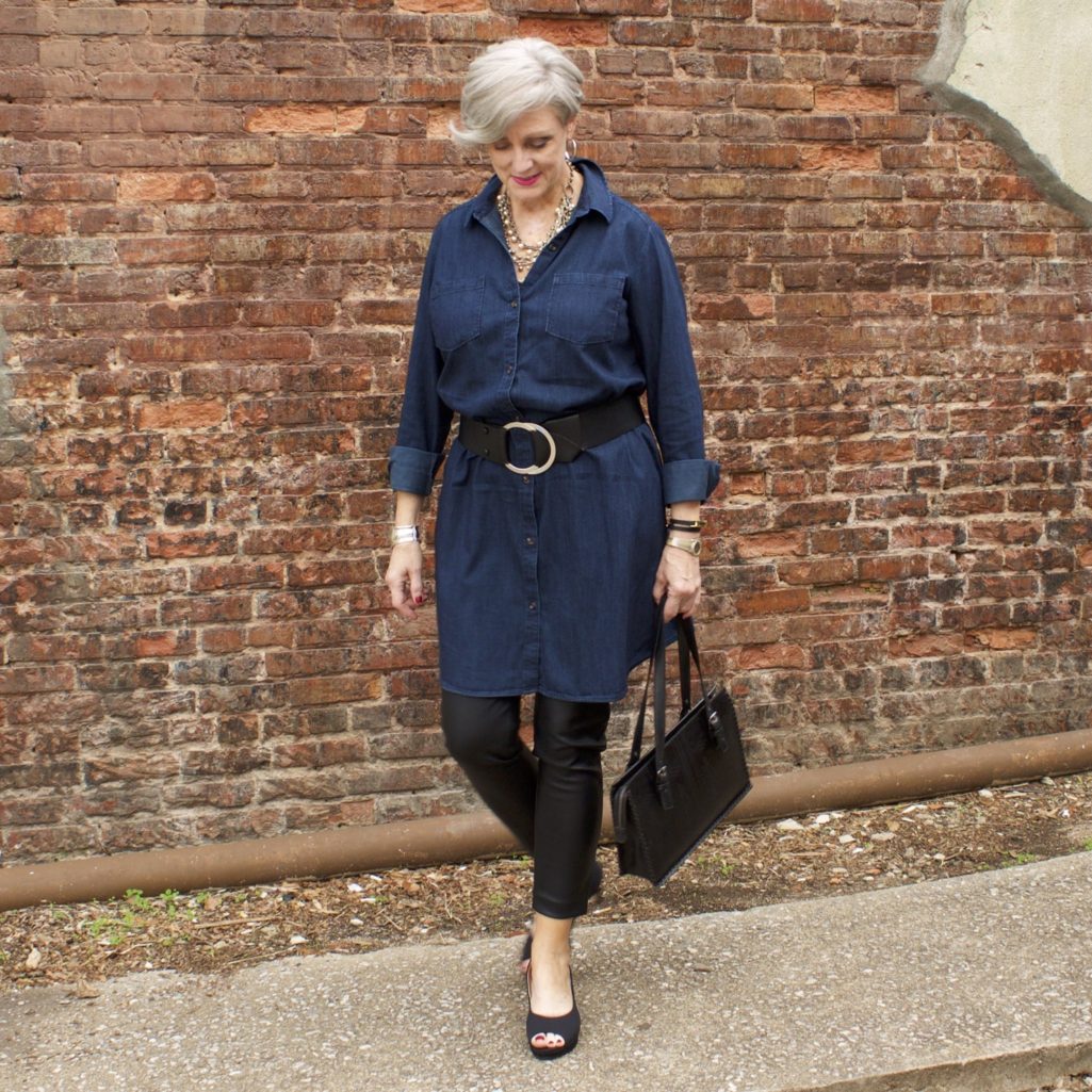 denim shirtdress and leather leggings
