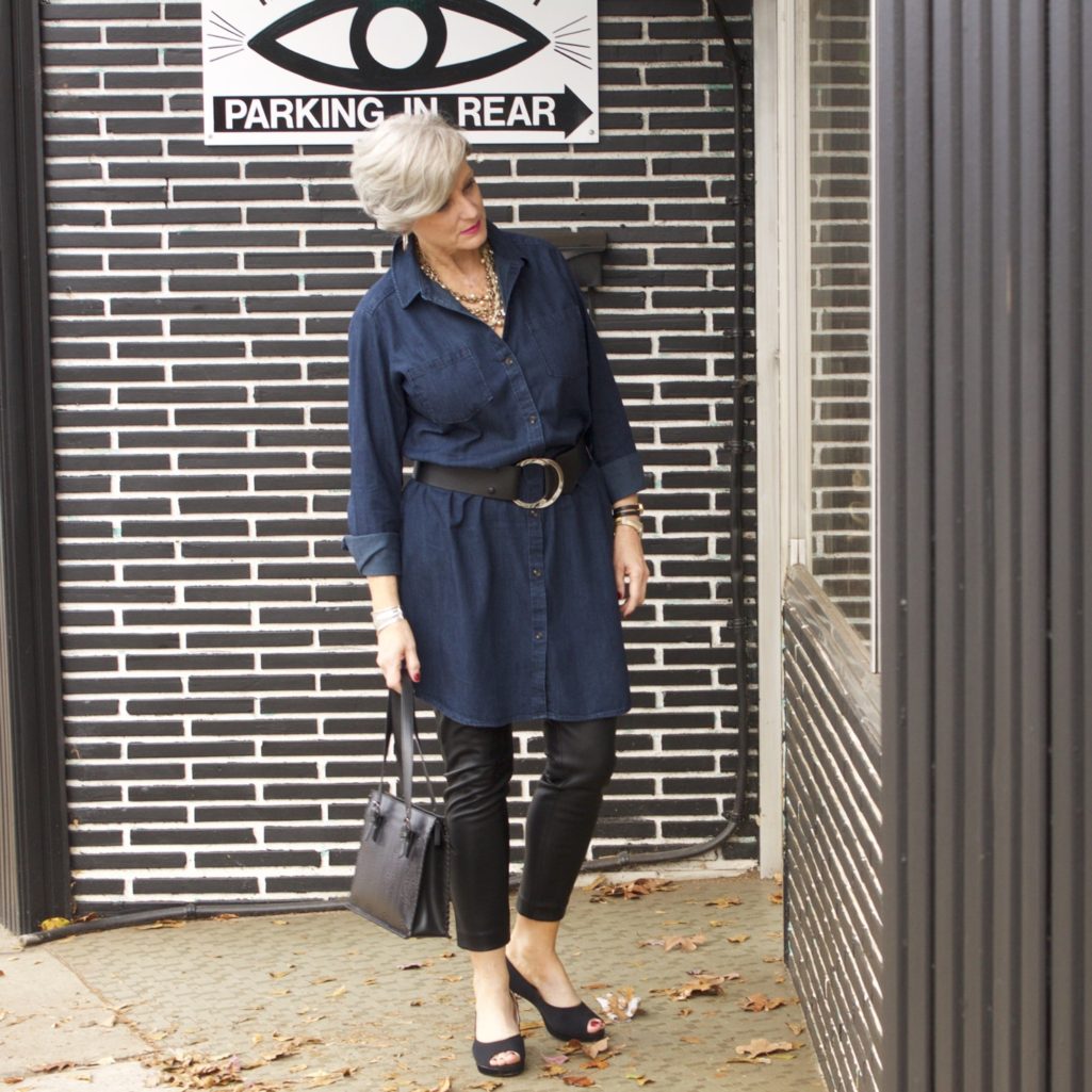 denim shirtdress and leather leggings
