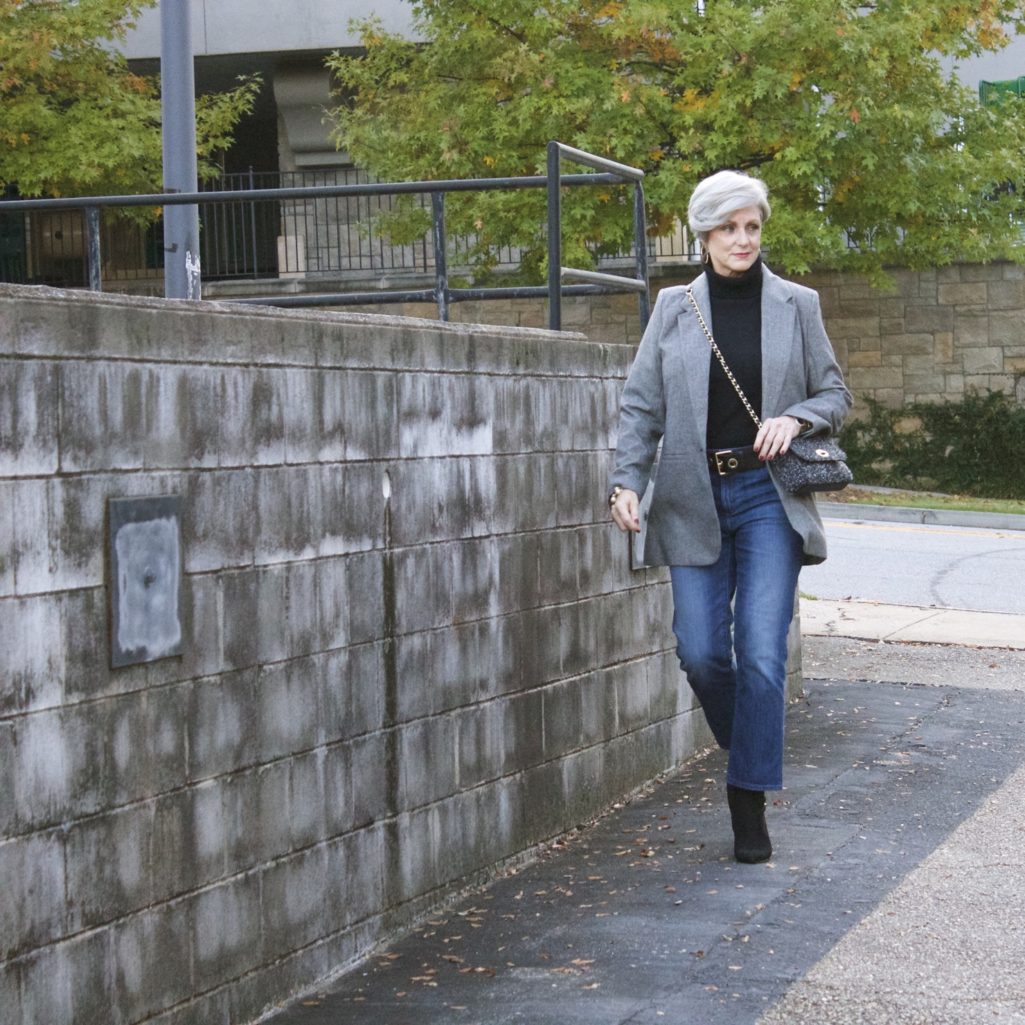 target boyfriend blazer, talbots turtleneck, ann taylor cropped flare denim, nine west sock booties
