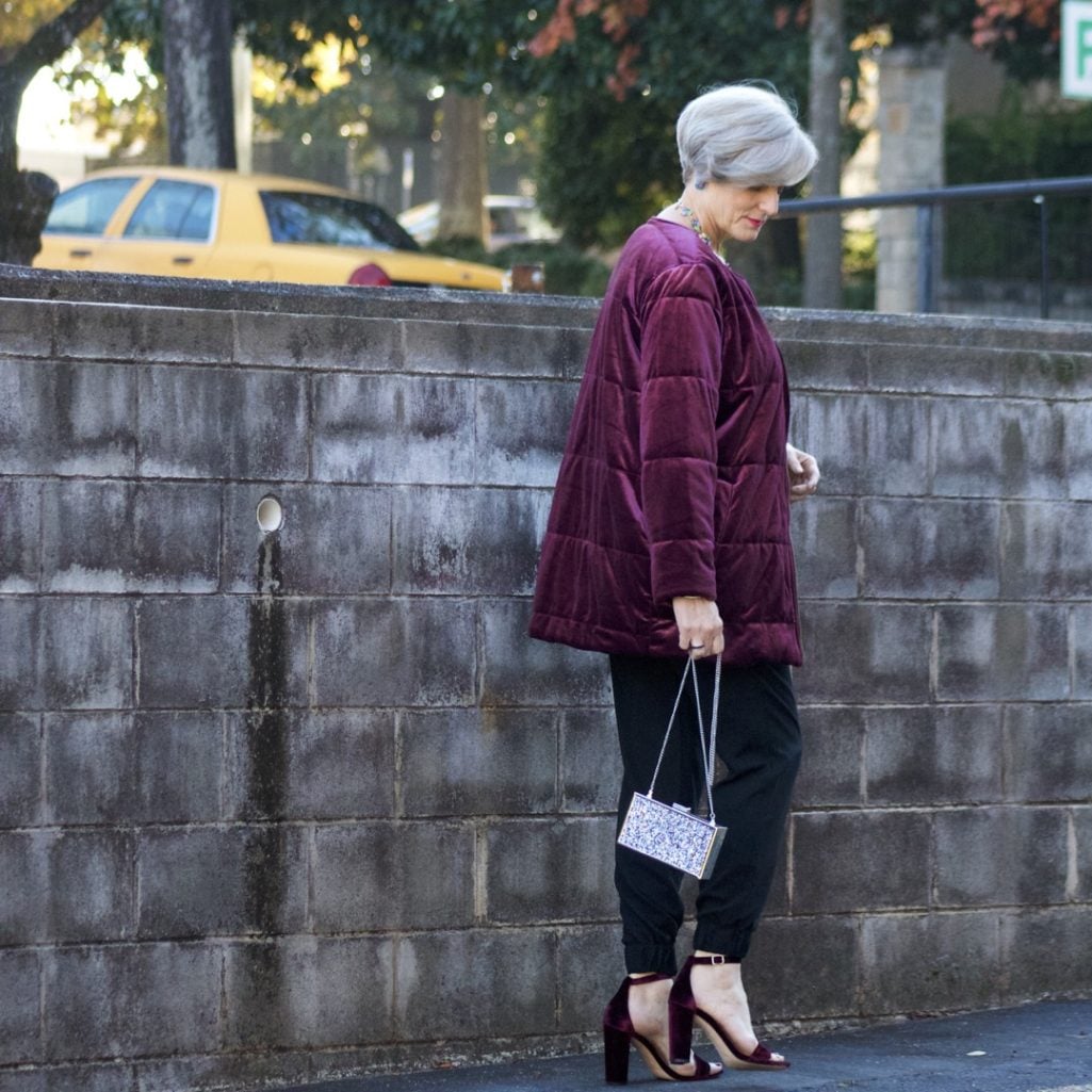 velvet jacket, silk joggers, holiday attire