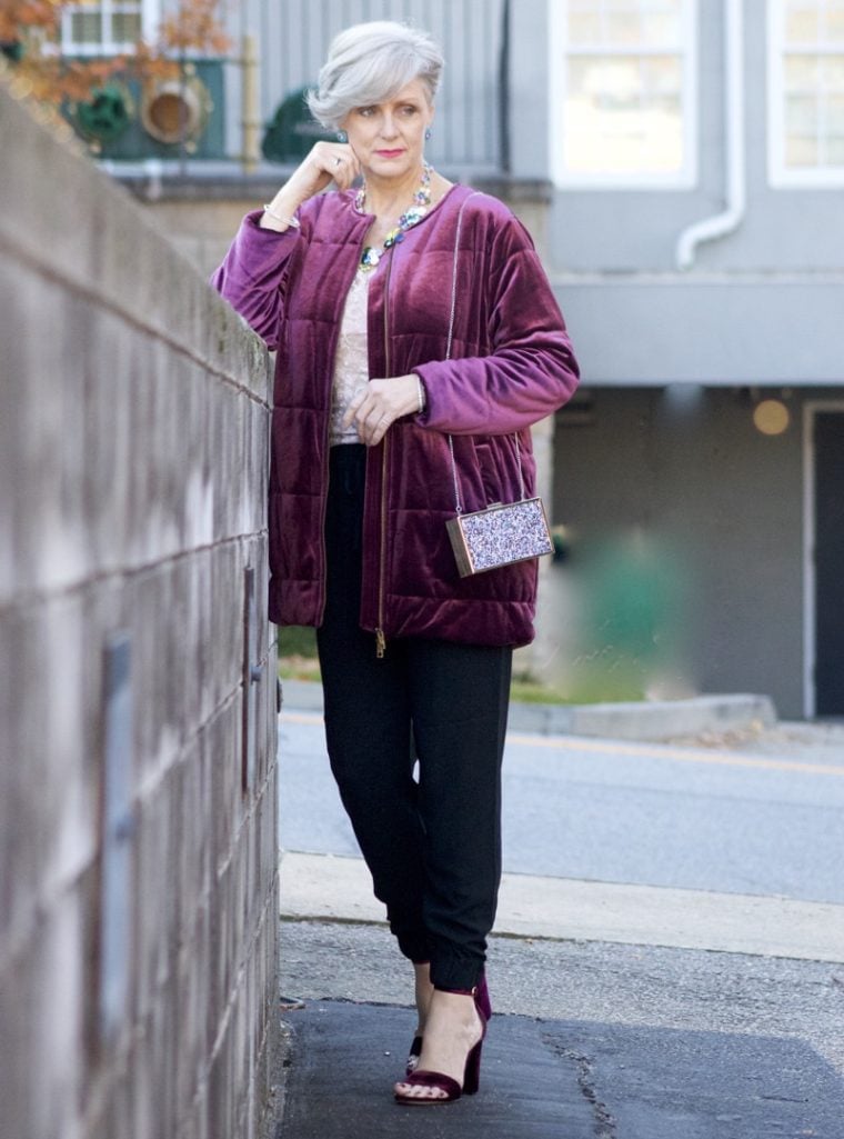 velvet jacket, silk joggers, holiday attire