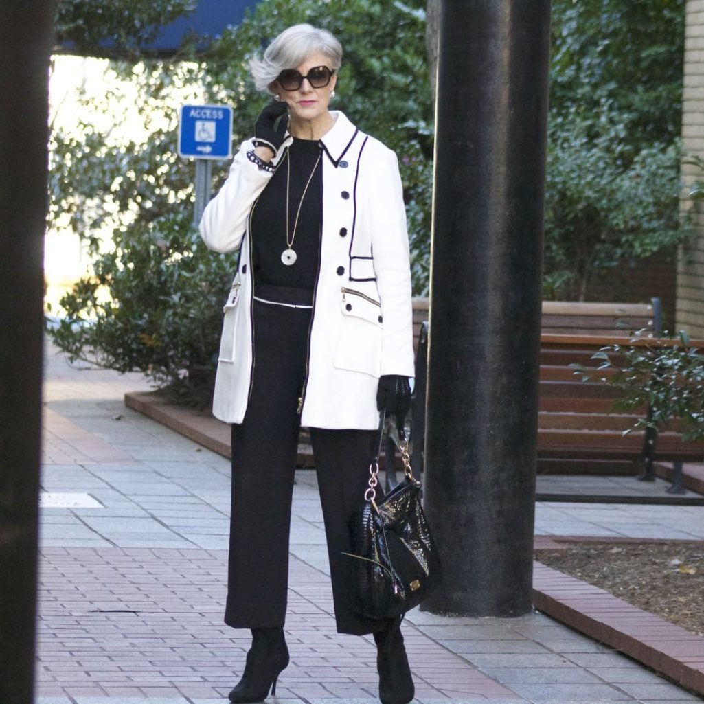 INC. coat, vince camuto black cropped pants, cashmere crewneck, sock booties