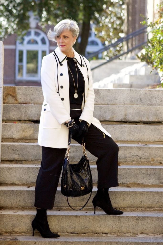 INC. coat, vince camuto black cropped pants, cashmere crewneck, sock booties