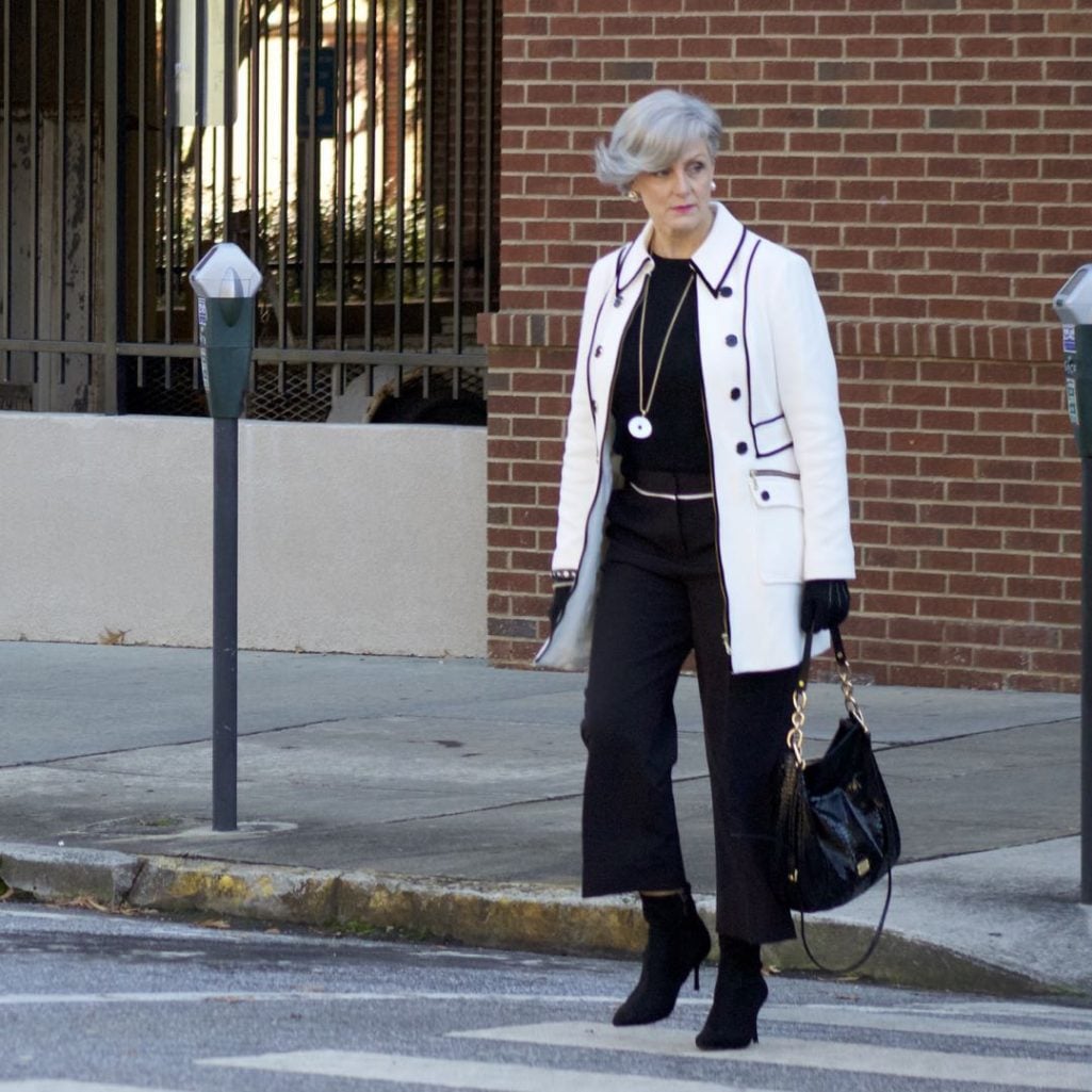 INC. coat, vince camuto black cropped pants, cashmere crewneck, sock booties