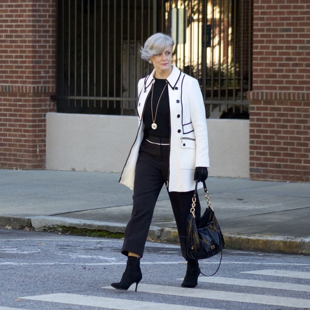 INC. coat, vince camuto black cropped pants, cashmere crewneck, sock booties