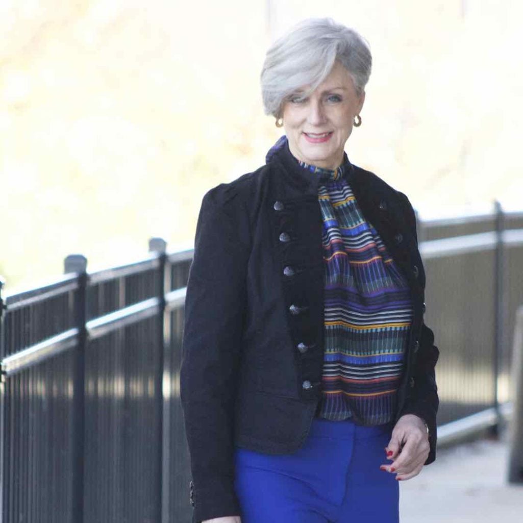 ralph lauren velvet jacket, loft cobalt blue pants, loft striped pants, kate spade velvet flats