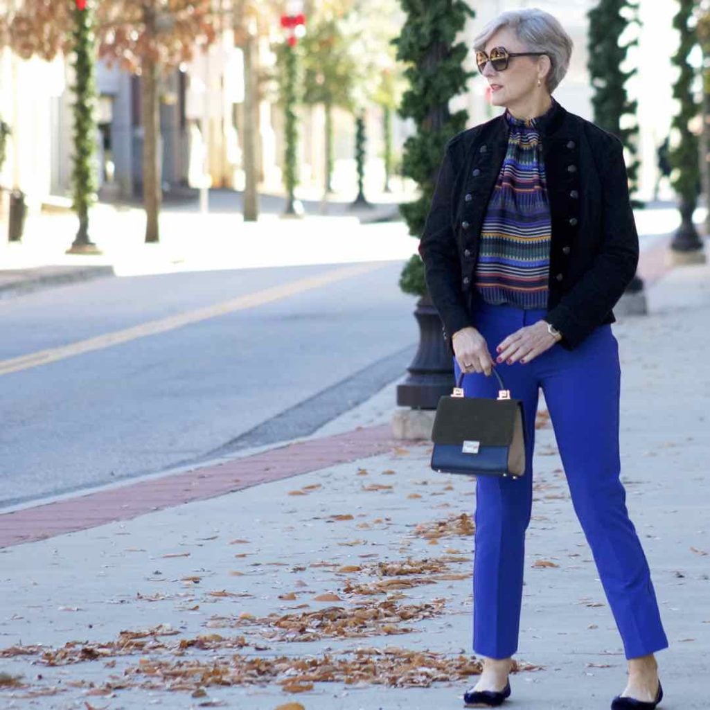 ralph lauren velvet jacket, loft cobalt blue pants, loft striped pants, kate spade velvet flats