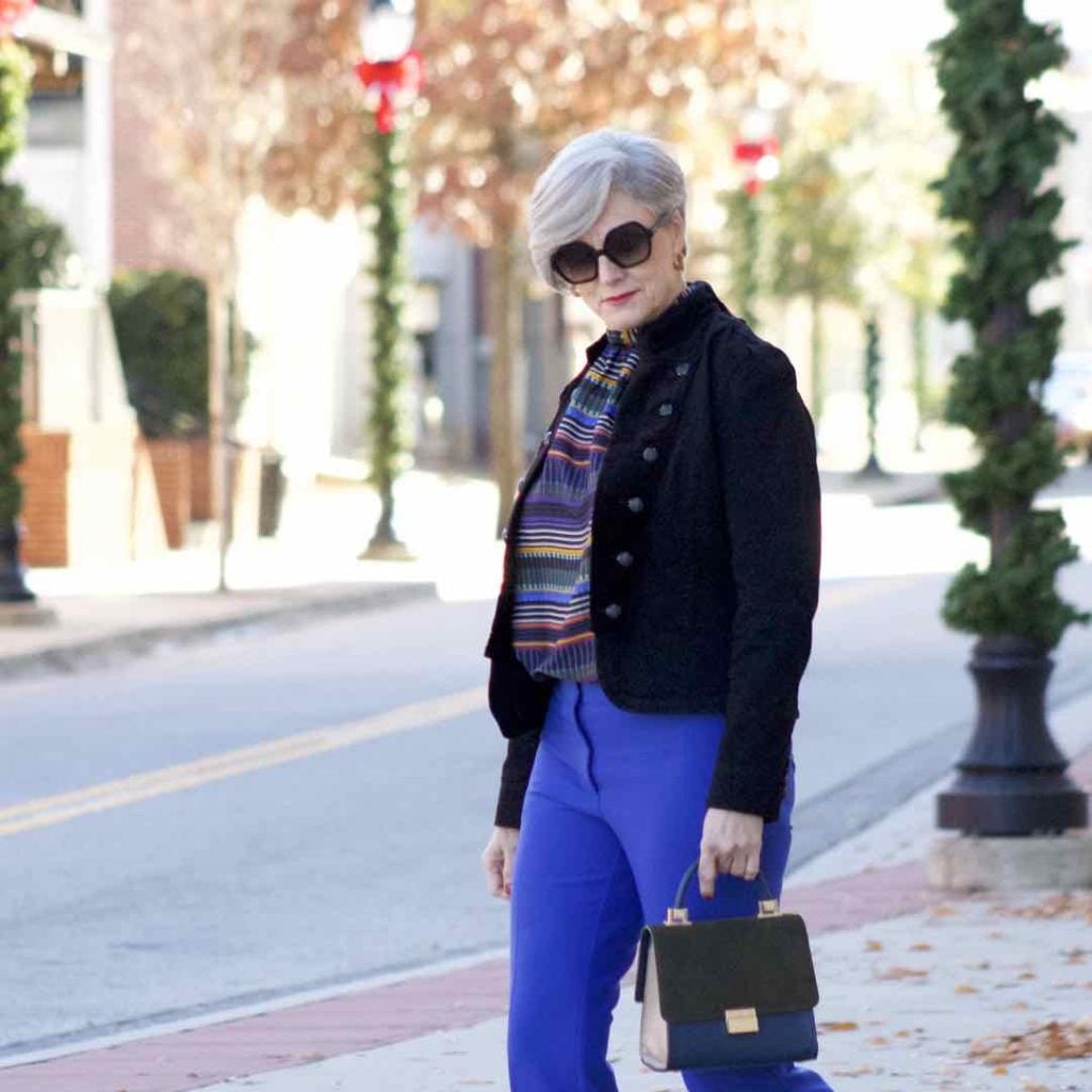 ralph lauren velvet jacket, loft cobalt blue pants, loft striped pants, kate spade velvet flats