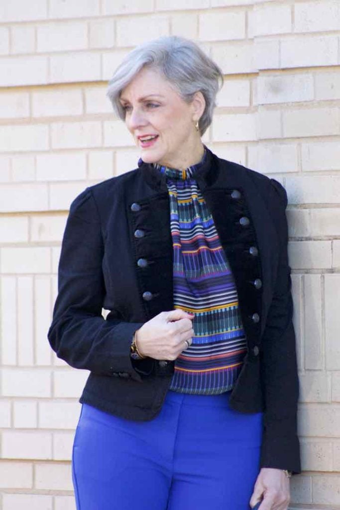 ralph lauren velvet jacket, loft cobalt blue pants, loft striped pants, kate spade velvet flats