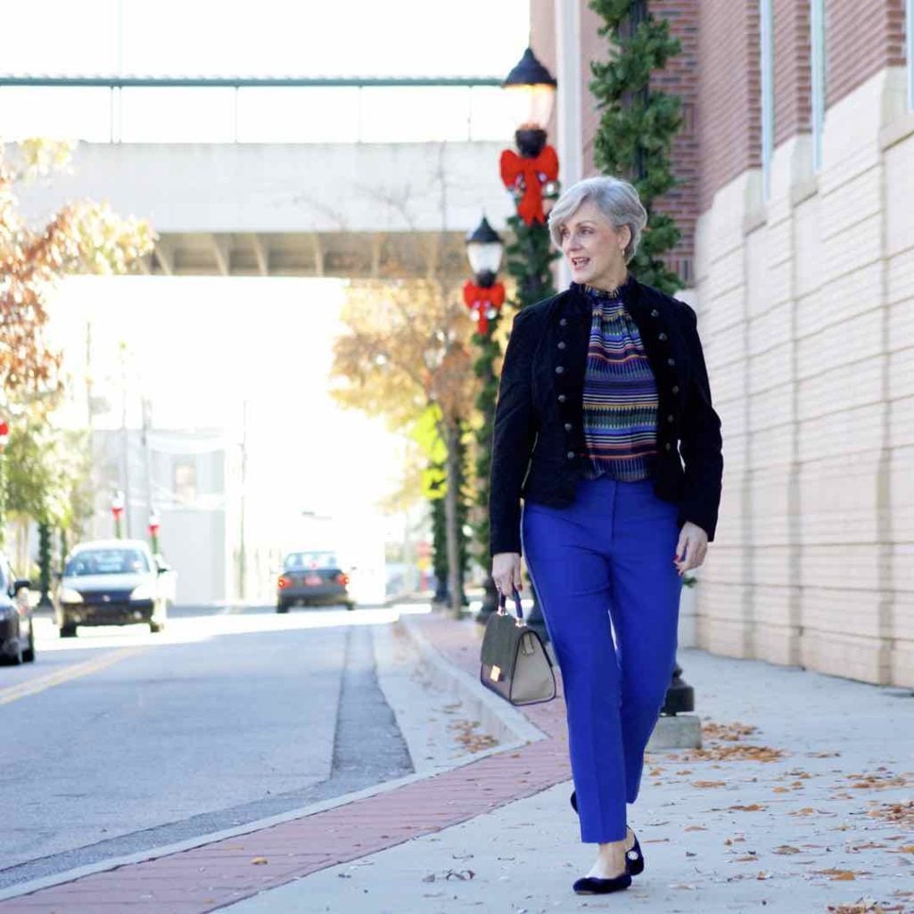 ralph lauren velvet jacket, loft cobalt blue pants, loft striped pants, kate spade velvet flats