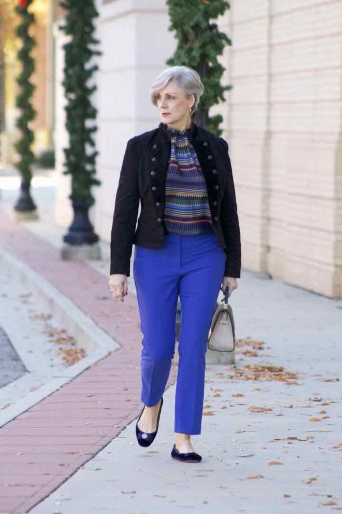 ralph lauren velvet jacket, loft cobalt blue pants, loft striped pants, kate spade velvet flats