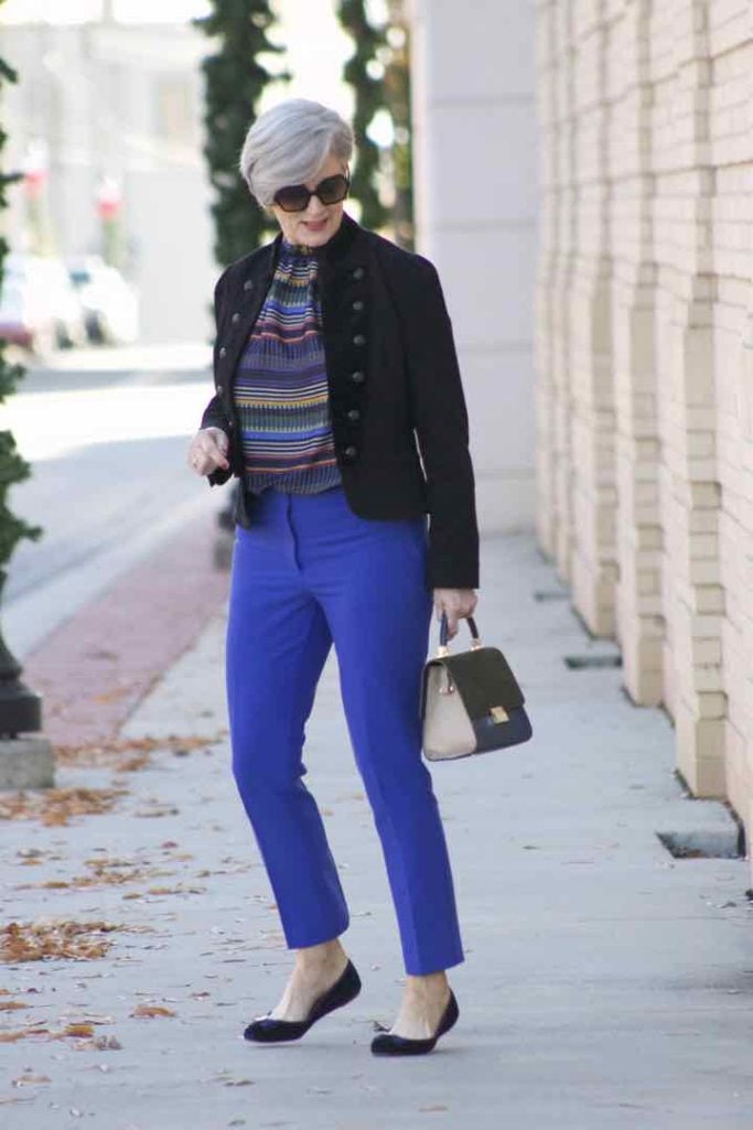 ralph lauren velvet jacket, loft cobalt blue pants, loft striped pants, kate spade velvet flats