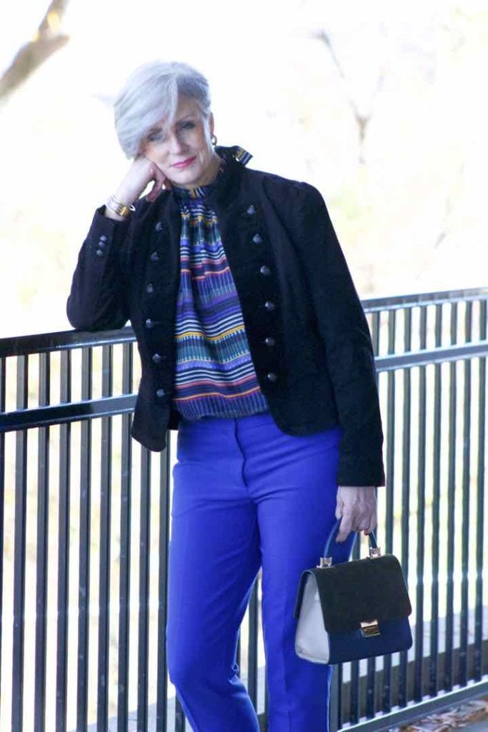 ralph lauren velvet jacket, loft cobalt blue pants, loft striped pants, kate spade velvet flats