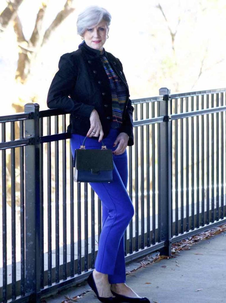 ralph lauren velvet jacket, loft cobalt blue pants, loft striped pants, kate spade velvet flats