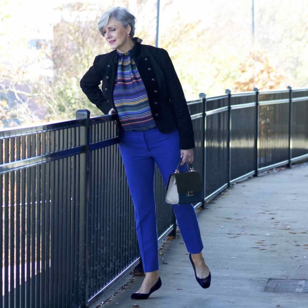ralph lauren velvet jacket, loft cobalt blue pants, loft striped pants, kate spade velvet flats