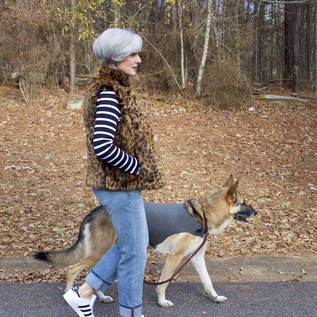 ralph lauren striped tee, j.crew striped shirt, banana republic denim, adidas sneakers, j.crew leopard vest